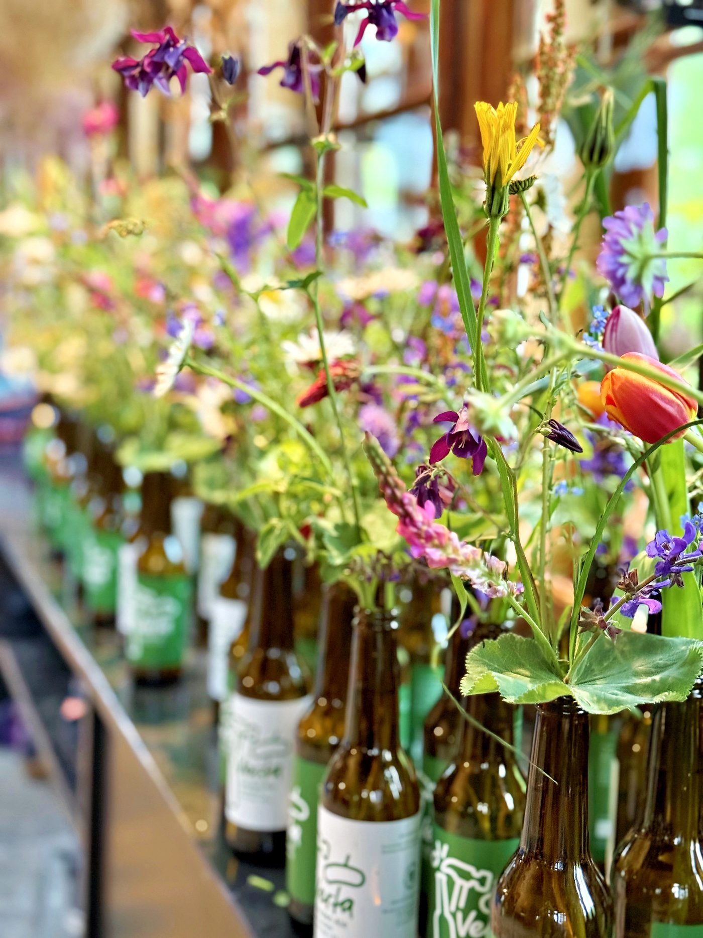 Wildblumen in Flaschen-Vasen